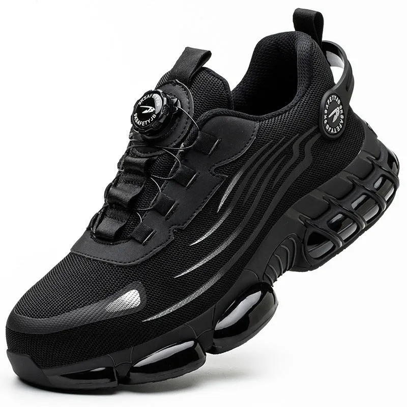 Men's lace-free steel toe protective work shoes in black with flat knitted upper and low top design
