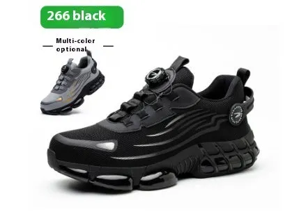 Men's lace-free steel toe protective work shoes in black with flat knitted upper and low top design