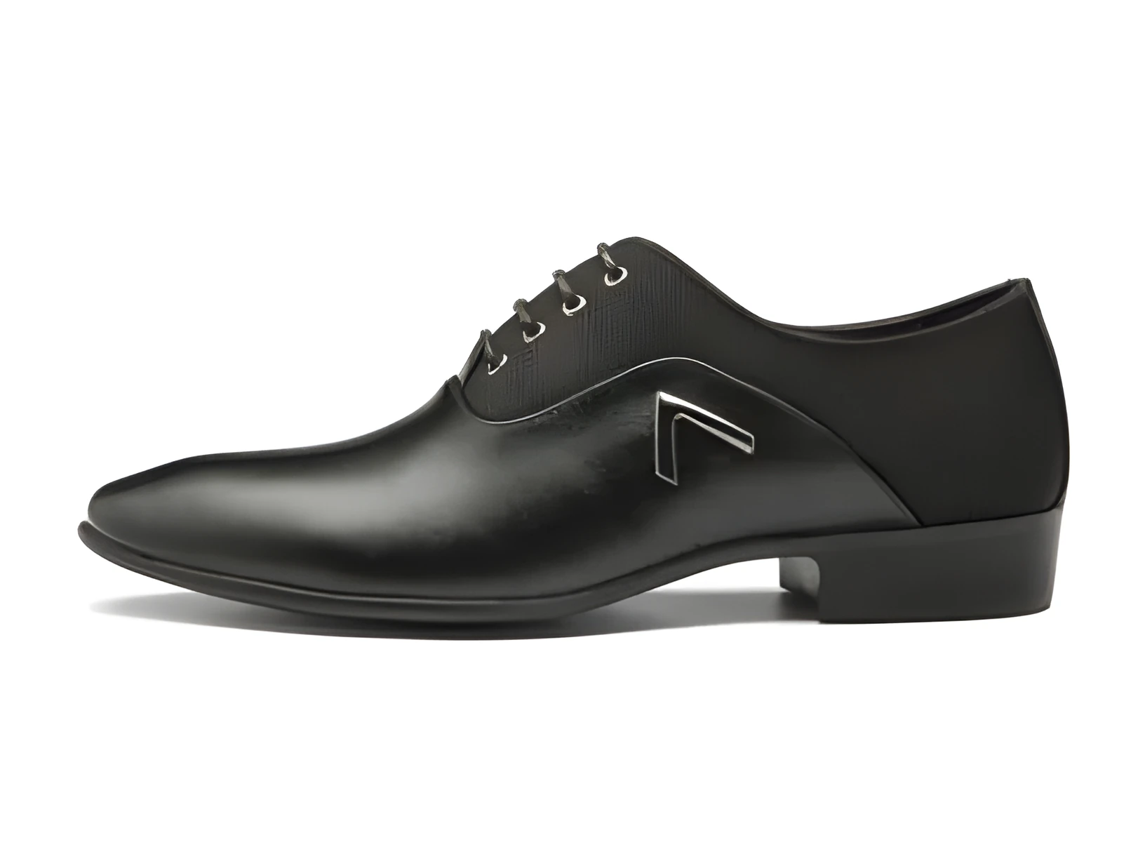 Men's black Oxford business casual shoe with a low-cut PU leather upper and rubber sole on a white background