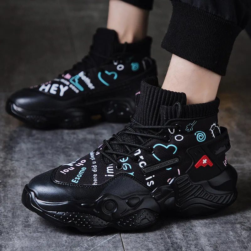Sailing shoes high-top cloth upper front-tie rubber sole in black