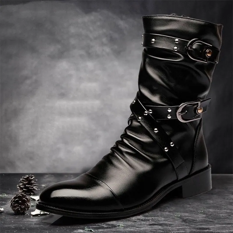 Men's black PU leather pointed toe wellingtons with side zipper and rubber sole