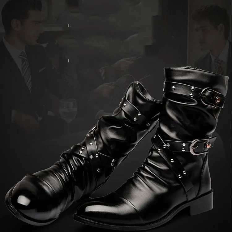 Men's black PU leather pointed toe wellingtons with side zipper and rubber sole