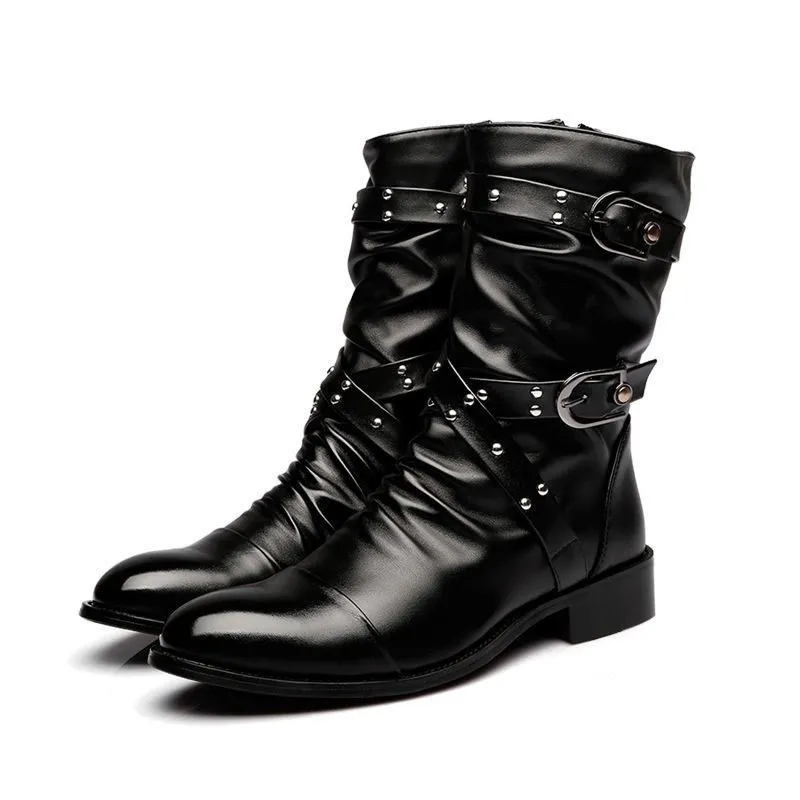 Men's black PU leather pointed toe wellingtons with side zipper and rubber sole