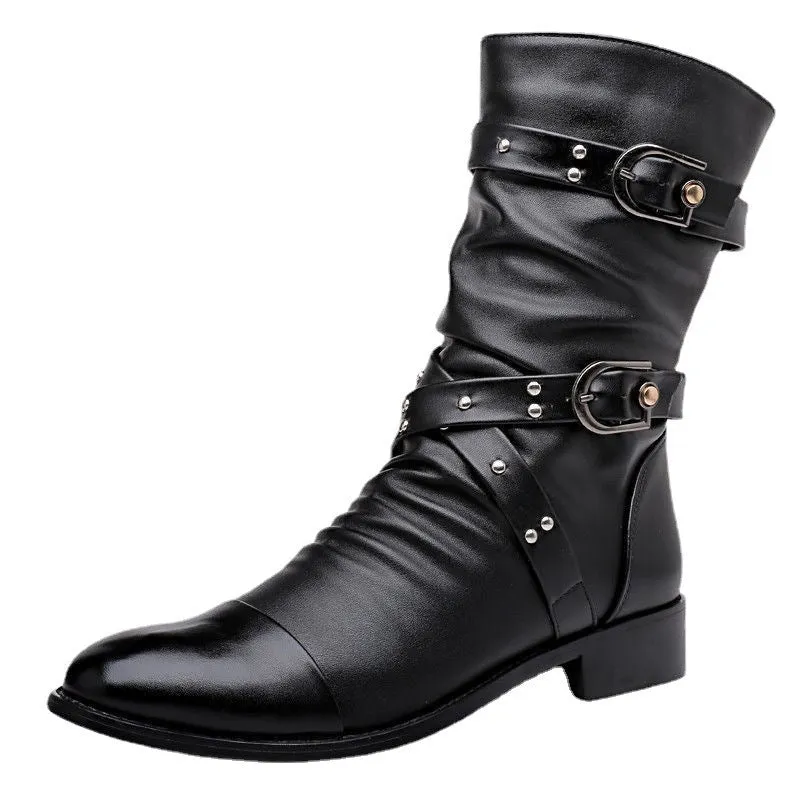 Men's black PU leather pointed toe wellingtons with side zipper and rubber sole