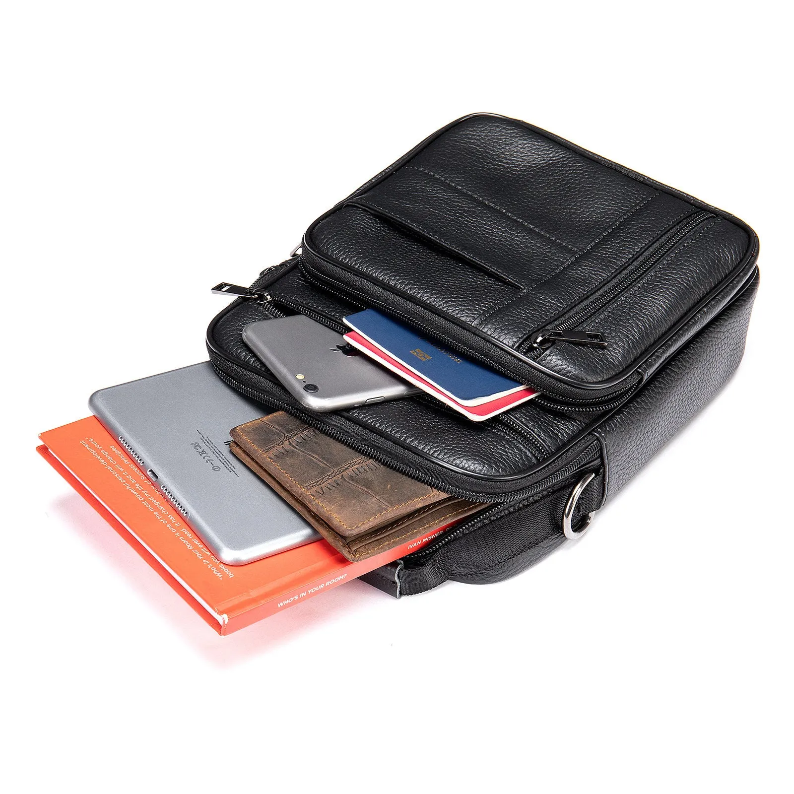 Men's vintage-style genuine leather shoulder bag in vertical square design with soft handle