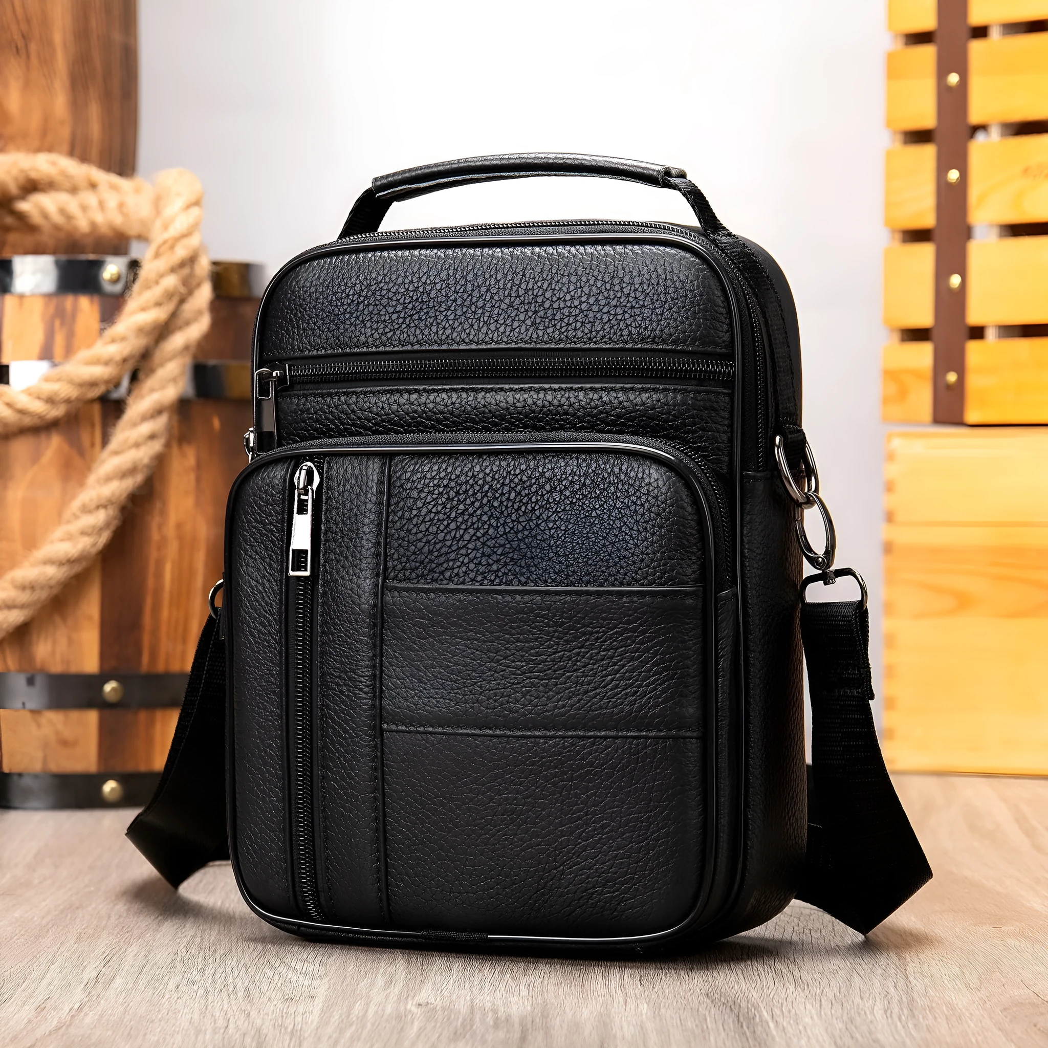 Men's vintage-style genuine leather shoulder bag in vertical square design with soft handle