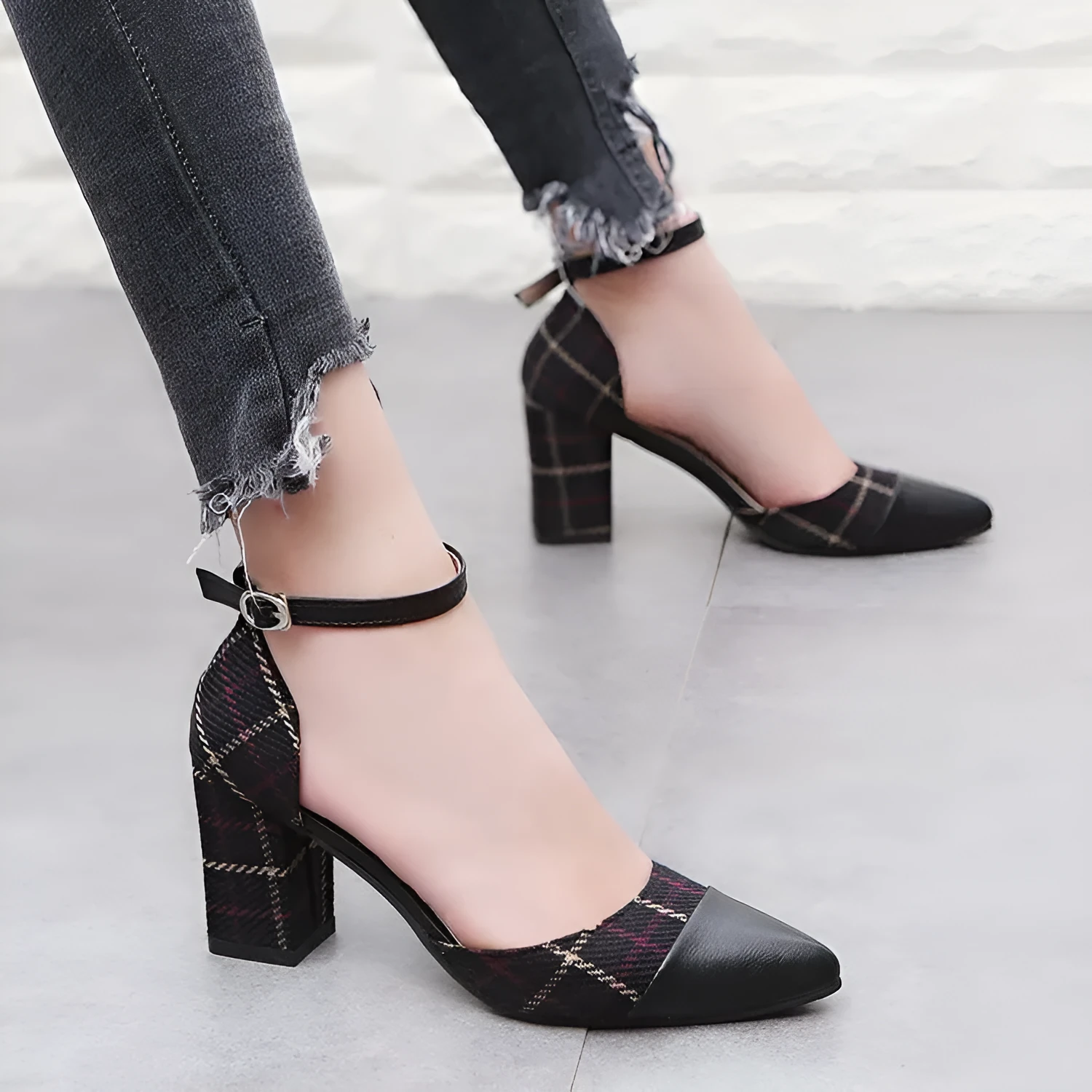 Thick heel high heels with buckle fastening, black colour, 7.5cm heel, side view