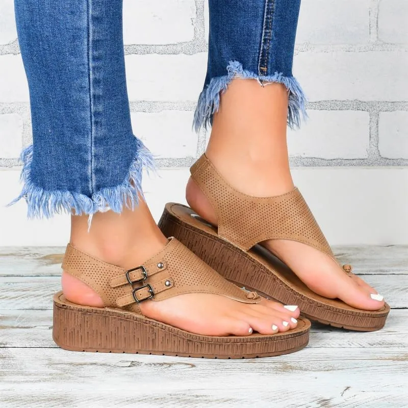 Women's platform wedge sandals with cutout stitching in black, artificial PU upper and rubber sole