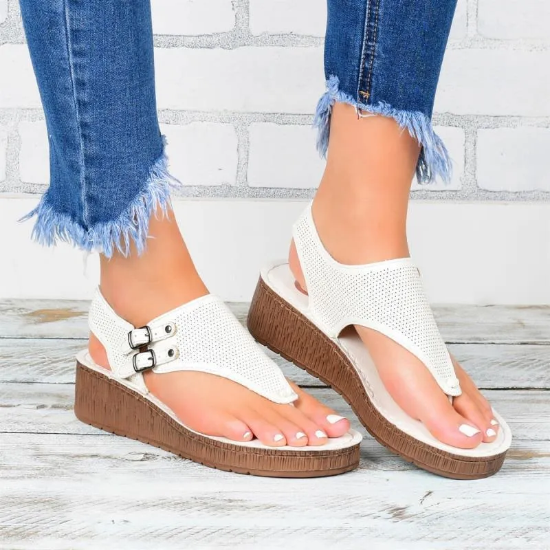 Women's platform wedge sandals with cutout stitching in black, artificial PU upper and rubber sole