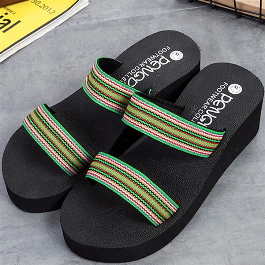 Brown women's bohemian slide slippers with elastic strap and raised heel.