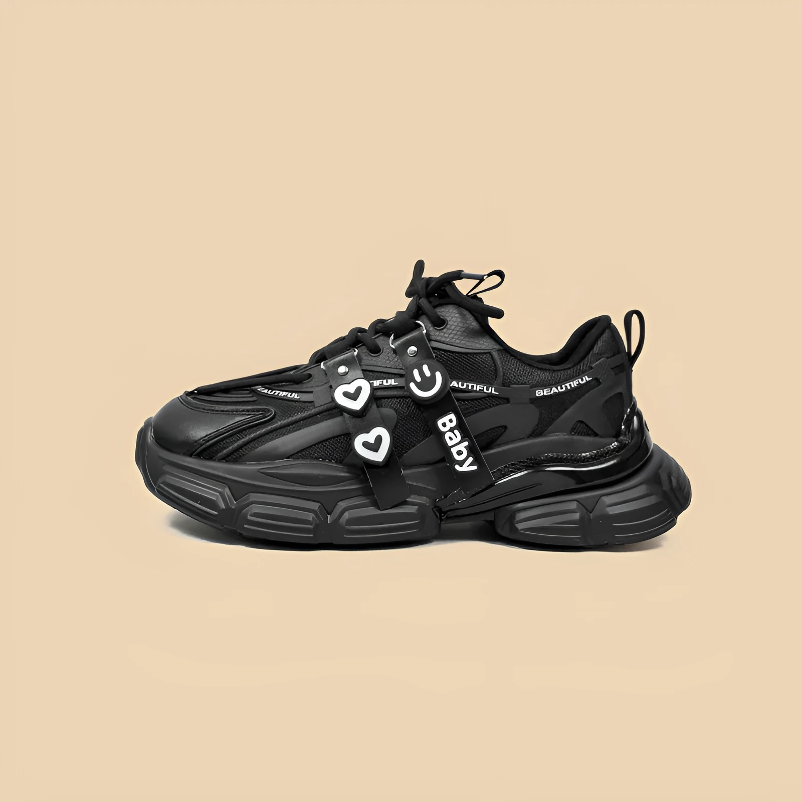 Black women's platform sports casual shoes with mesh upper and thick composite sole, lace-up closure