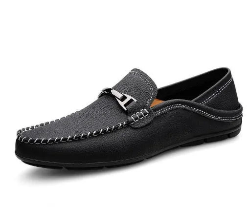 Breathable soft bottom slip-on casual shoes in solid colour with two-layer cowhide upper and rubber sole