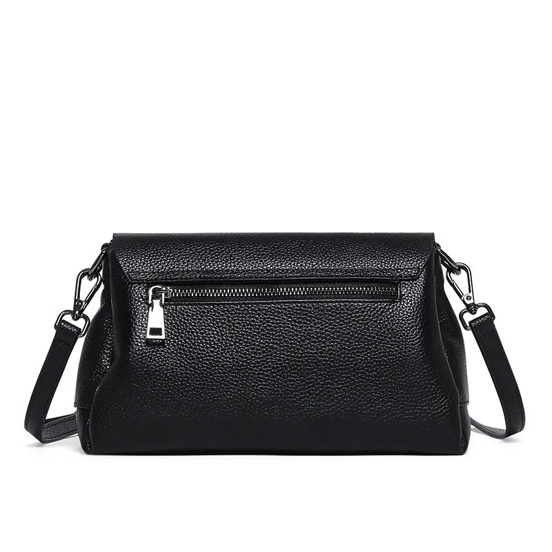 Women's soft first layer cowhide shoulder bag in black with adjustable strap and multiple pockets
