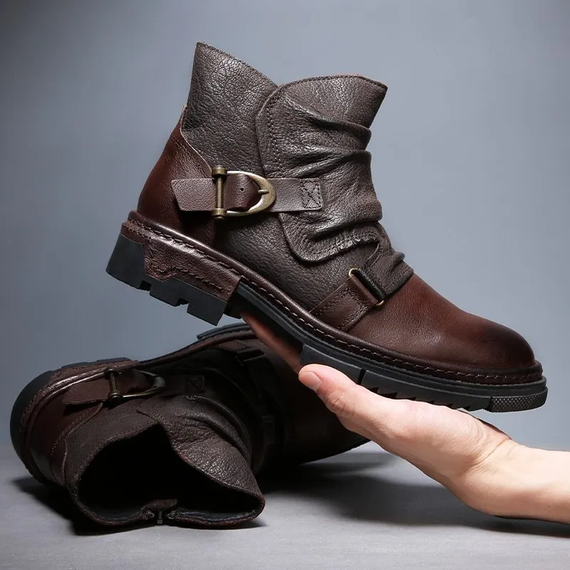 Retro wrinkle genuine leather men's boots with low heel, round toe, and leather stitching in brown colour