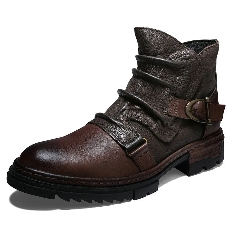 Retro wrinkle genuine leather men's boots with low heel, round toe, and leather stitching in brown colour