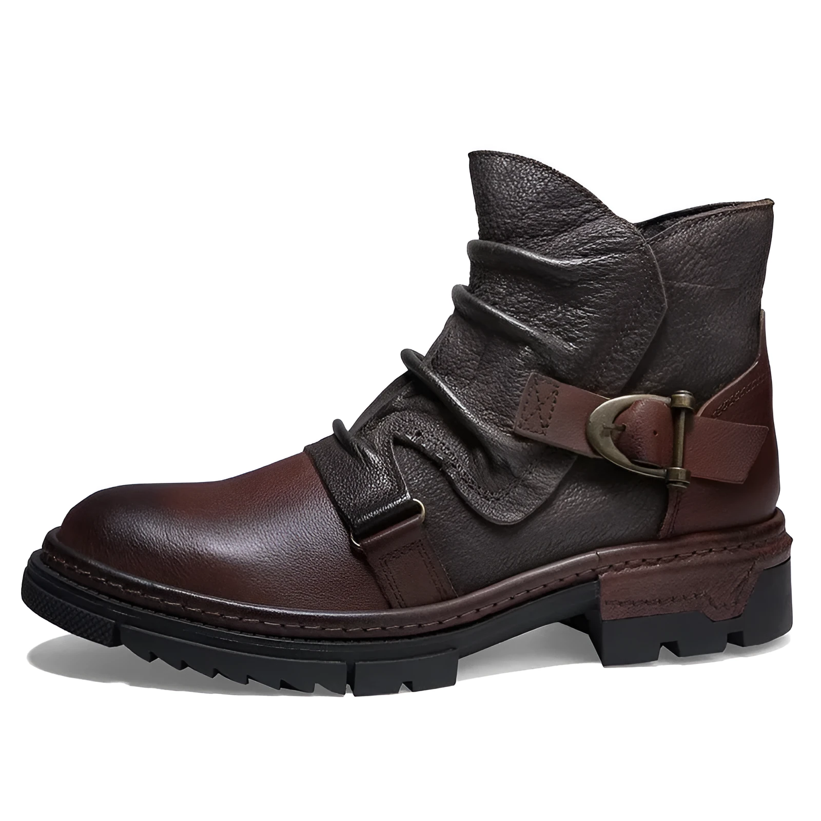 Retro wrinkle genuine leather men's boots with low heel, round toe, and leather stitching in brown colour