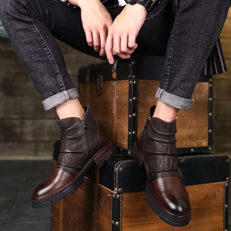 Retro wrinkle genuine leather men's boots with low heel, round toe, and leather stitching in brown colour