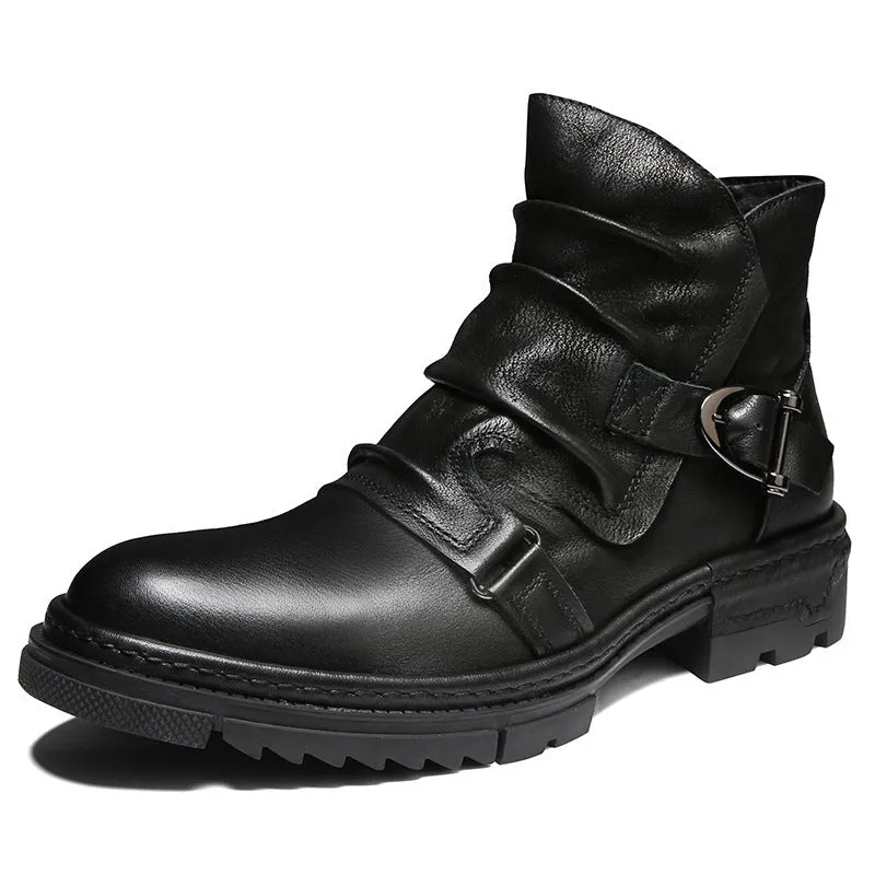 Retro wrinkle genuine leather men's boots with low heel, round toe, and leather stitching in brown colour