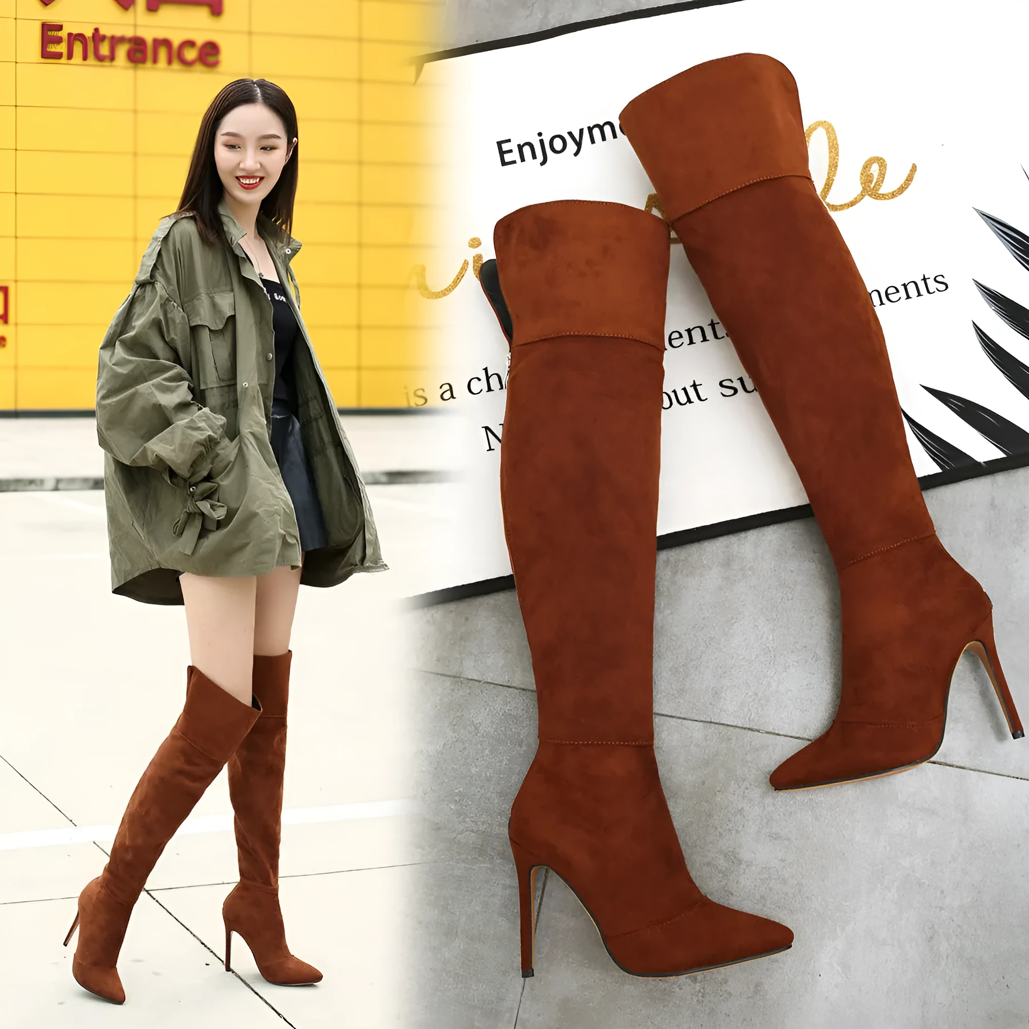 Stiletto heel pointed toe over the knee boots in suede, super high heel, sizes 32-46, black brown gray