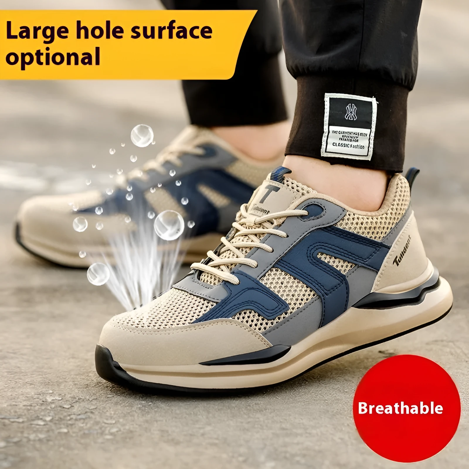 Summer breathable safety shoes for men cow leather khaki anti smashing anti stabbing low cut work shoes