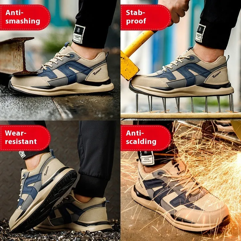 Summer breathable safety shoes for men cow leather khaki anti smashing anti stabbing low cut work shoes