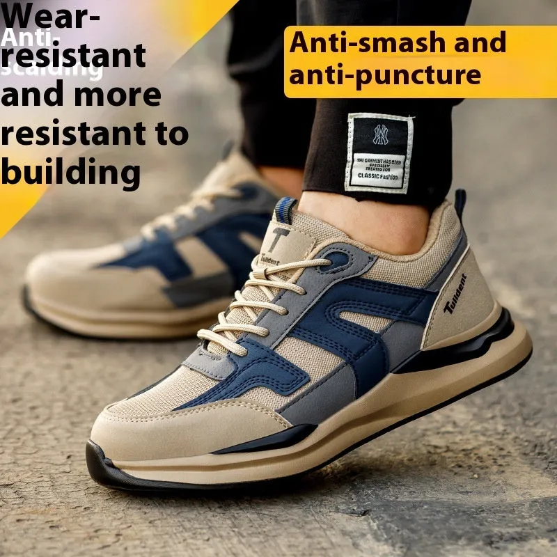 Summer breathable safety shoes for men cow leather khaki anti smashing anti stabbing low cut work shoes