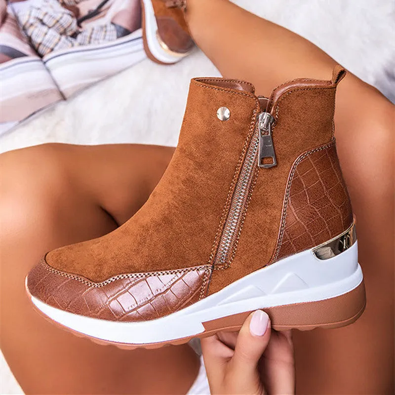Womens black wedge platform ankle boots with suede look, side zipper, and cotton lining