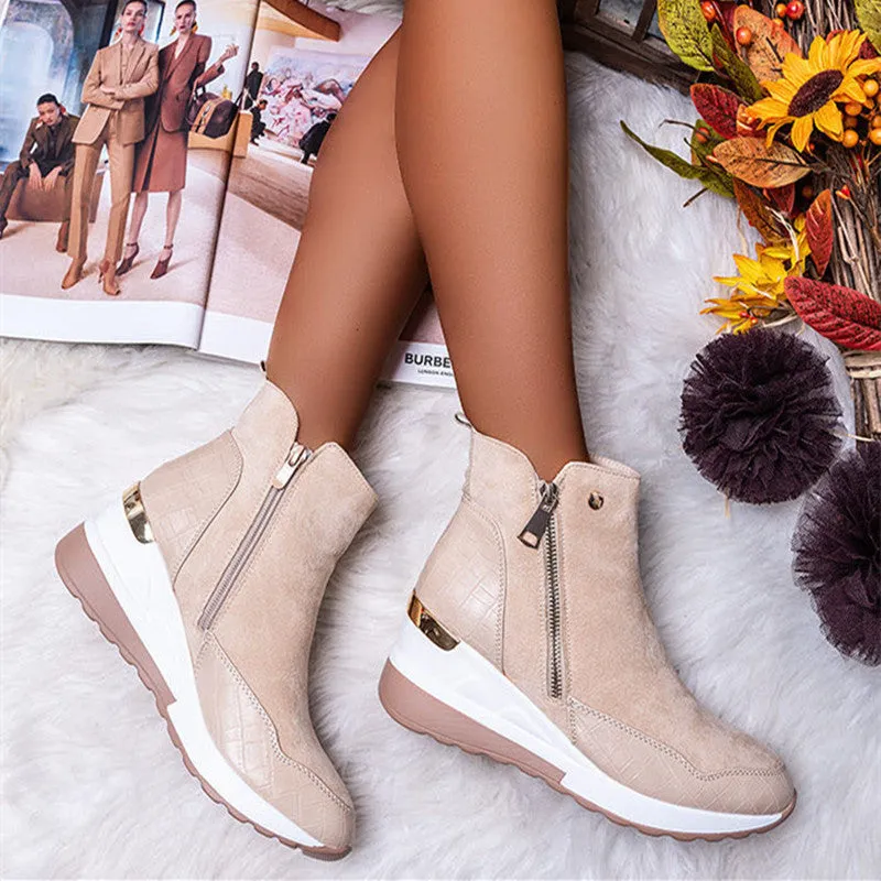 Womens black wedge platform ankle boots with suede look, side zipper, and cotton lining