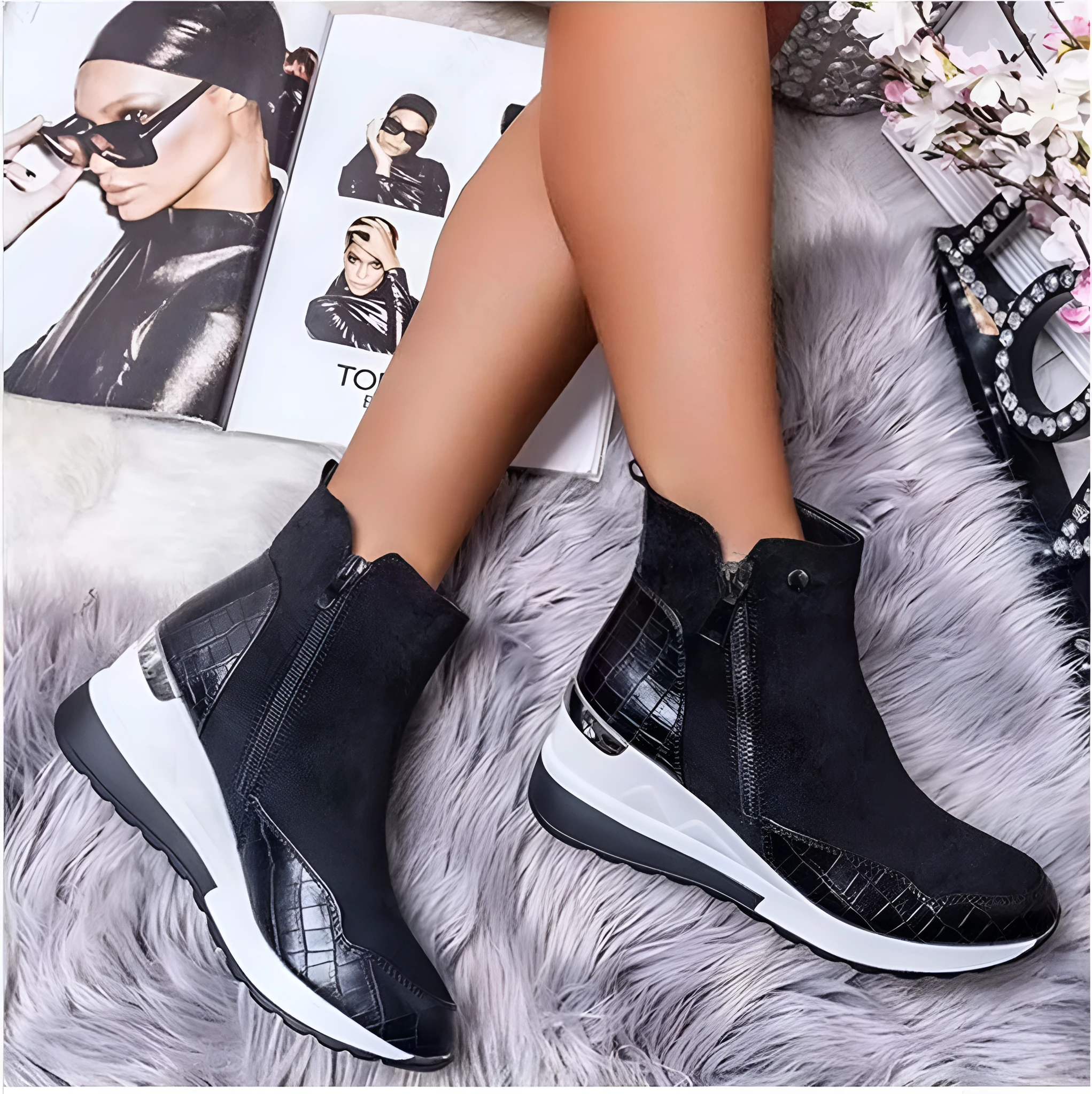 Womens black wedge platform ankle boots with suede look, side zipper, and cotton lining