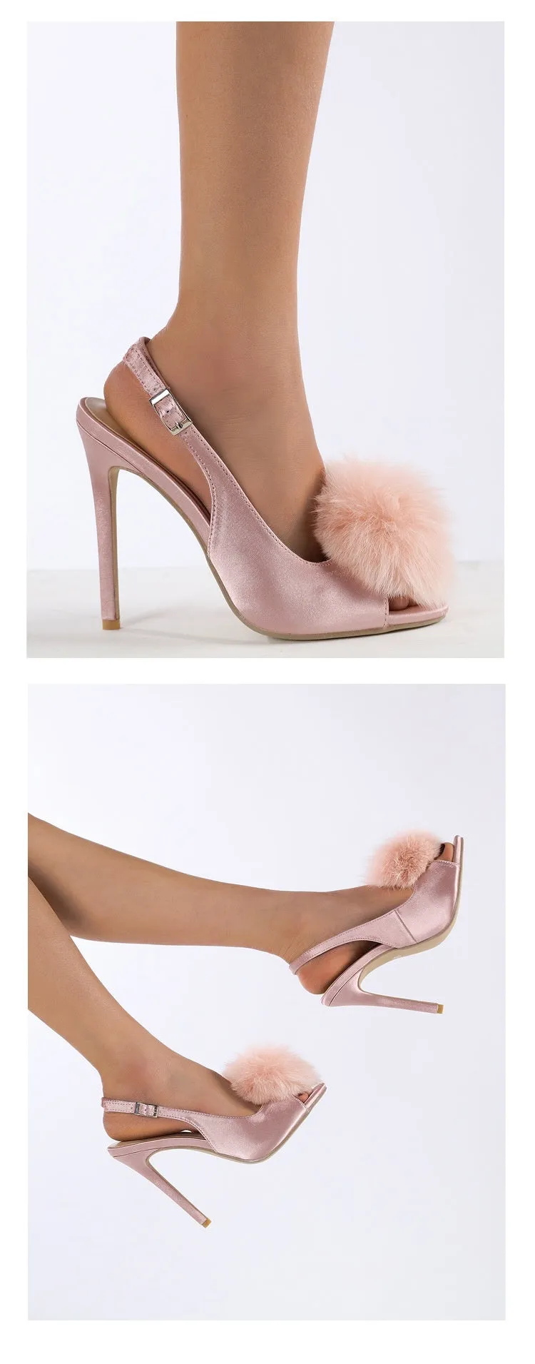 Women's high-heeled sandal with PU upper, fish mouth toe, and gentle hairy ball satin detail in black
