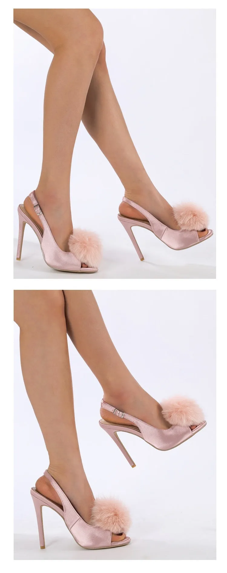 Women's high-heeled sandal with PU upper, fish mouth toe, and gentle hairy ball satin detail in black