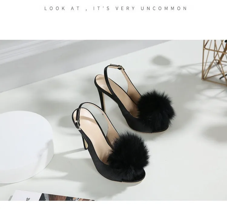 Women's high-heeled sandal with PU upper, fish mouth toe, and gentle hairy ball satin detail in black