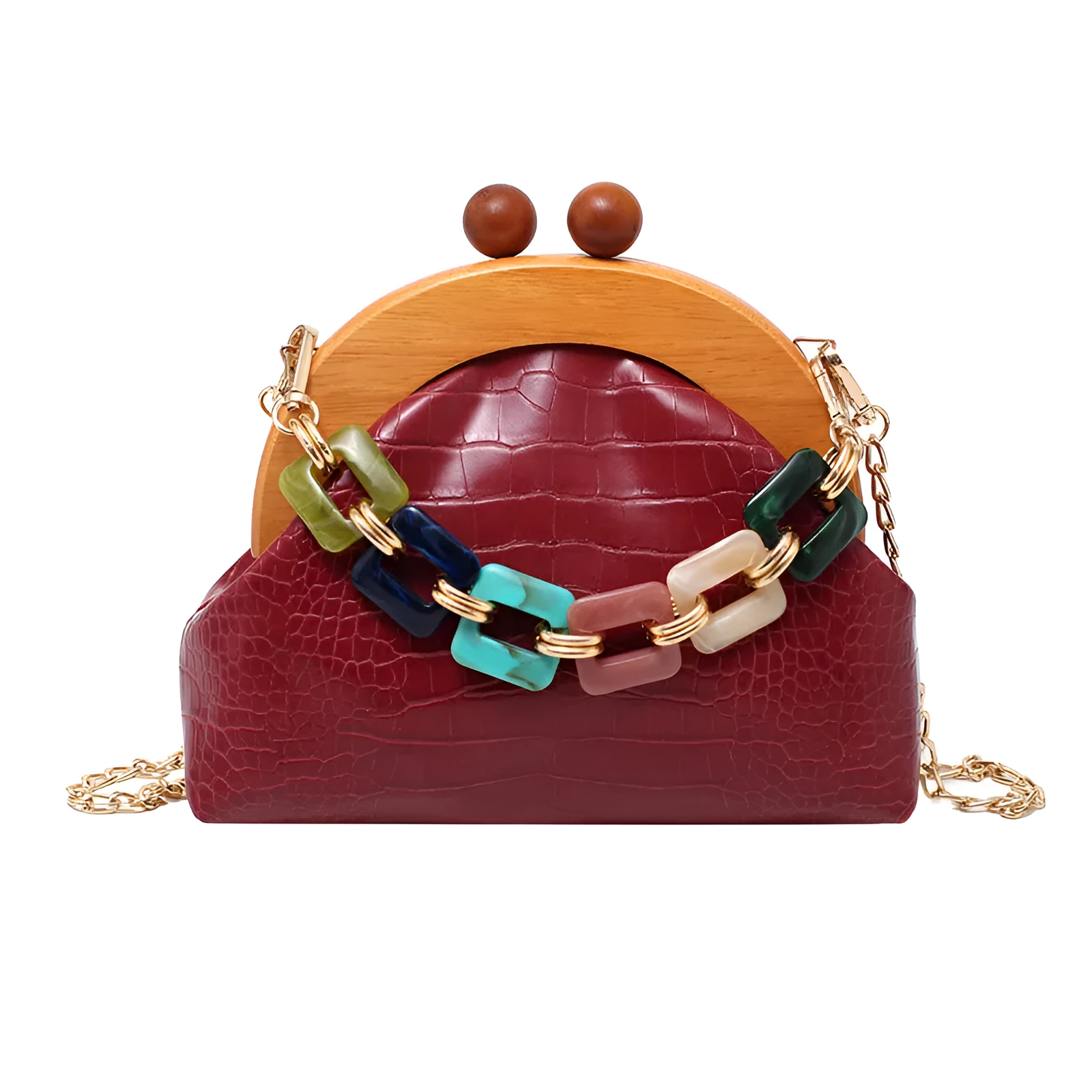 Women's shell-shaped PU clutch bag with diamond element and chain strap in black