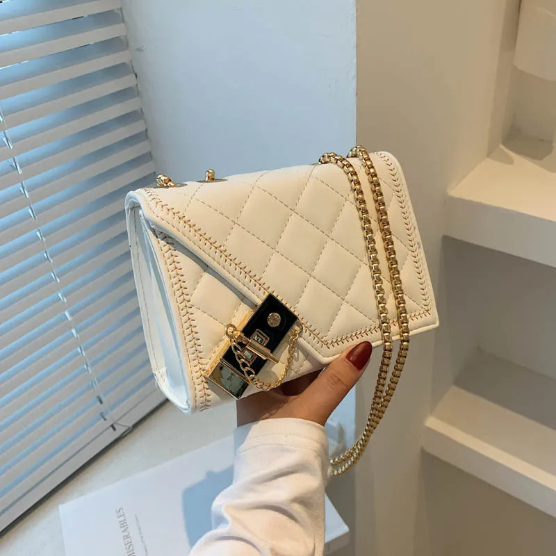 Lingge chain messenger fashion small square bag in black with rhombus pattern, lock closure, and chain handle