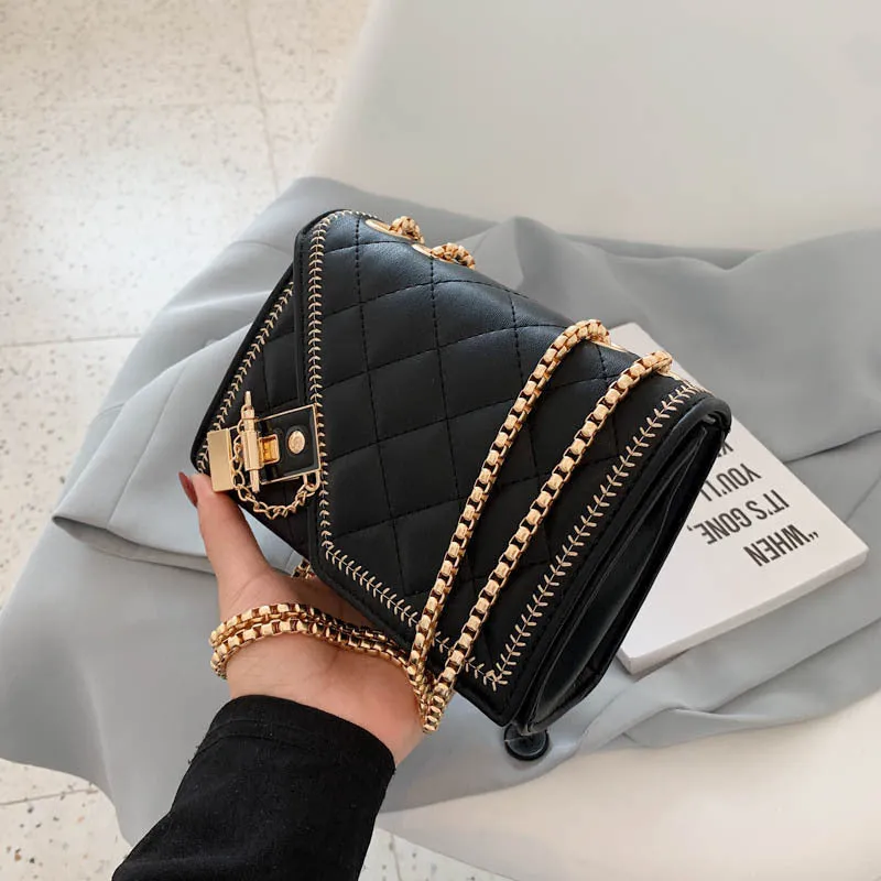 Lingge chain messenger fashion small square bag in black with rhombus pattern, lock closure, and chain handle