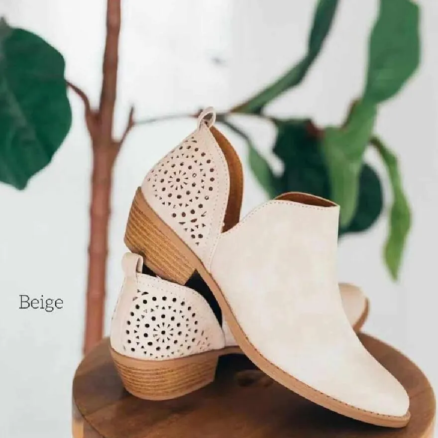 Women beige retro mesh chunky heel ankle boots with cut-out perforated synthetic leather upper, round toe, slip-on style