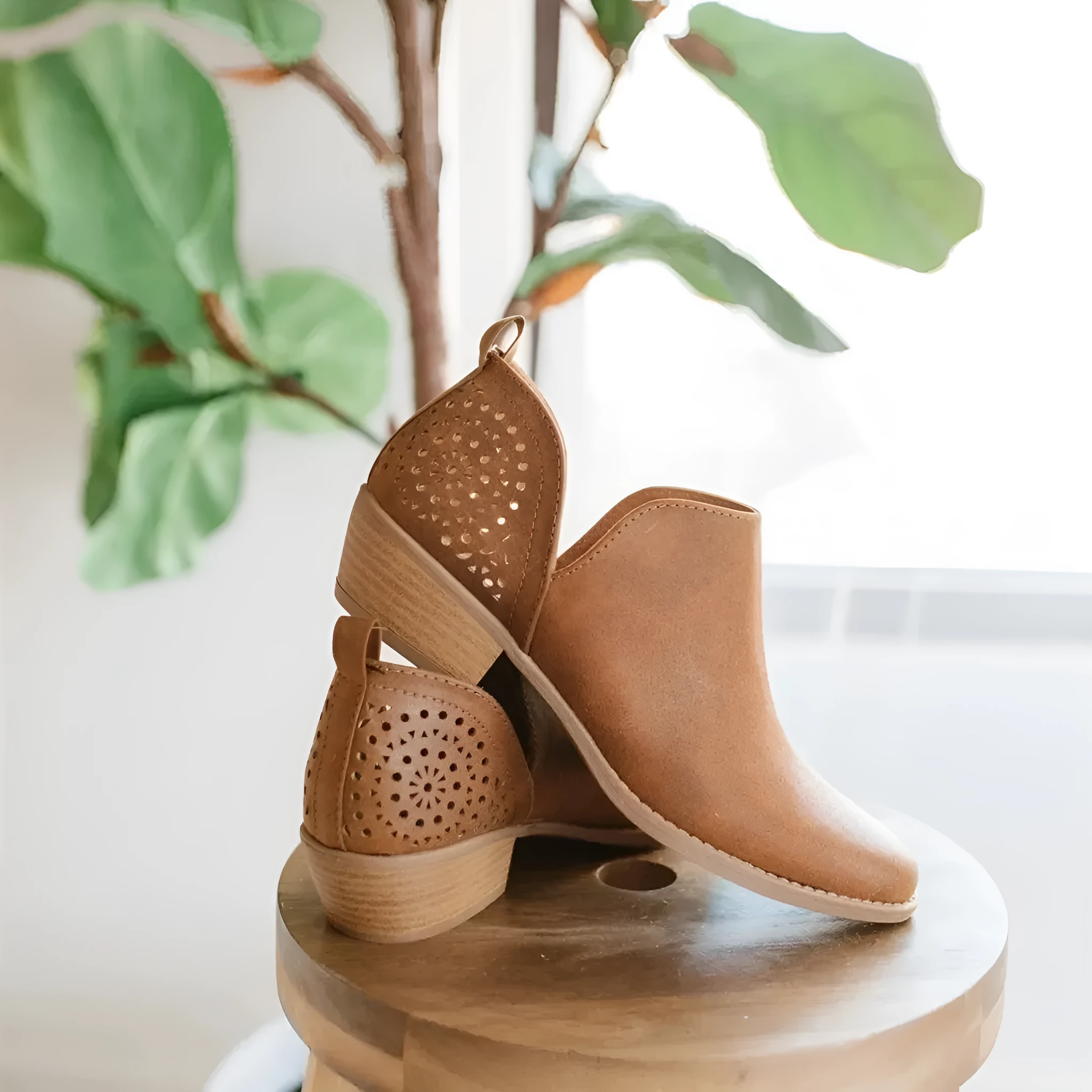 Women beige retro mesh chunky heel ankle boots with cut-out perforated synthetic leather upper, round toe, slip-on style