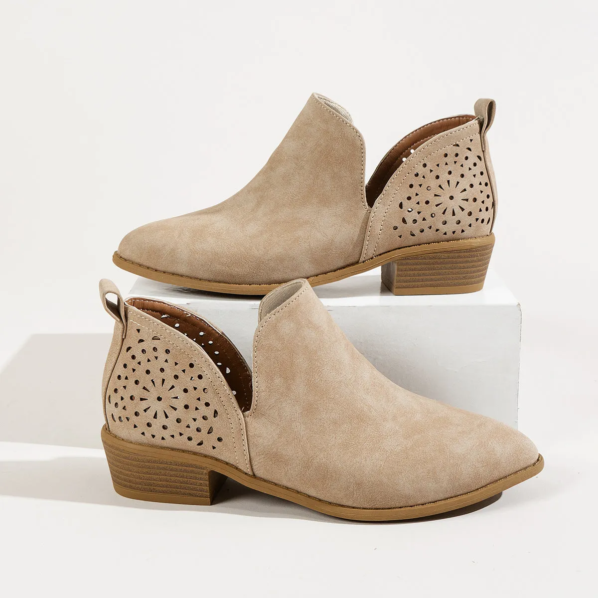 Women beige retro mesh chunky heel ankle boots with cut-out perforated synthetic leather upper, round toe, slip-on style