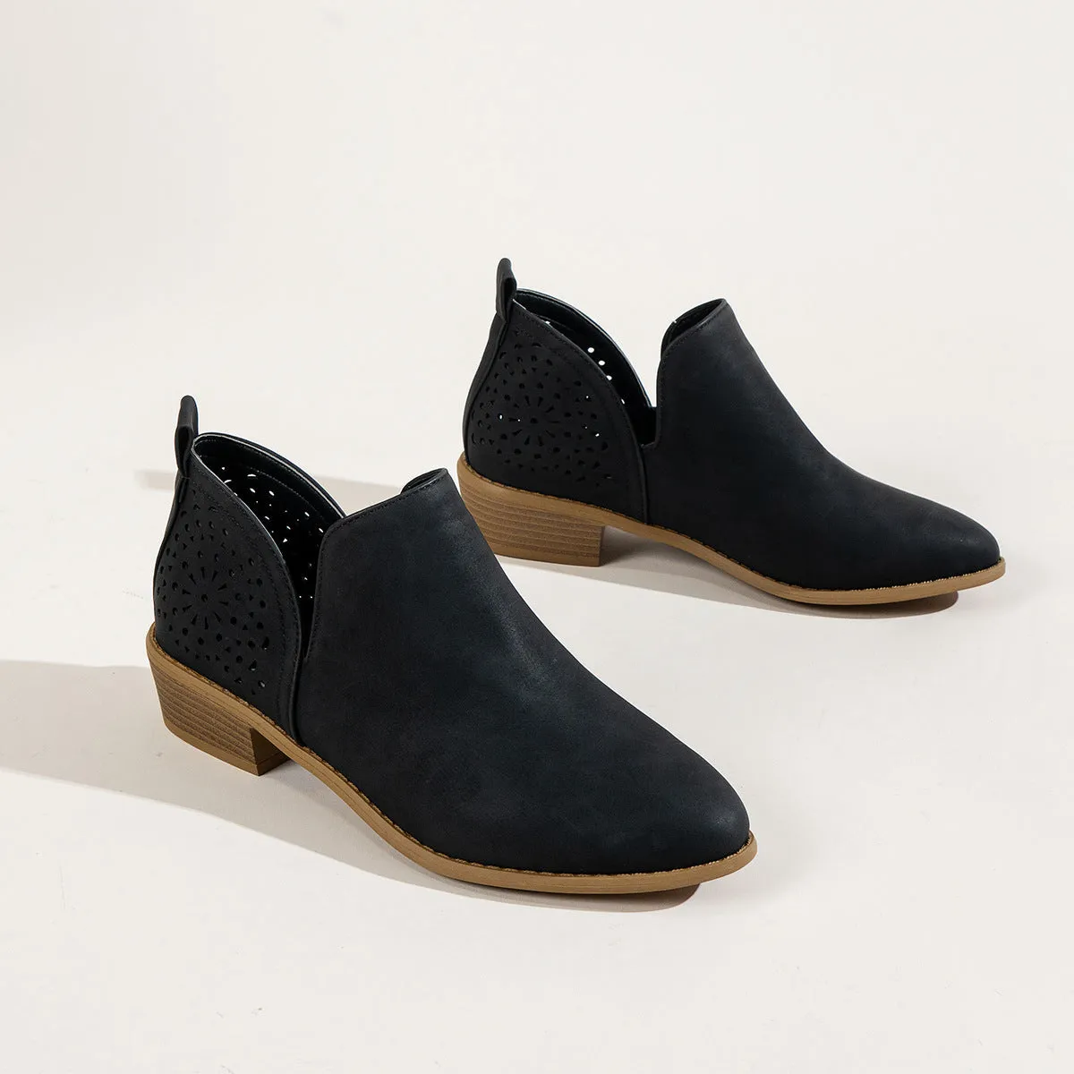 Women beige retro mesh chunky heel ankle boots with cut-out perforated synthetic leather upper, round toe, slip-on style