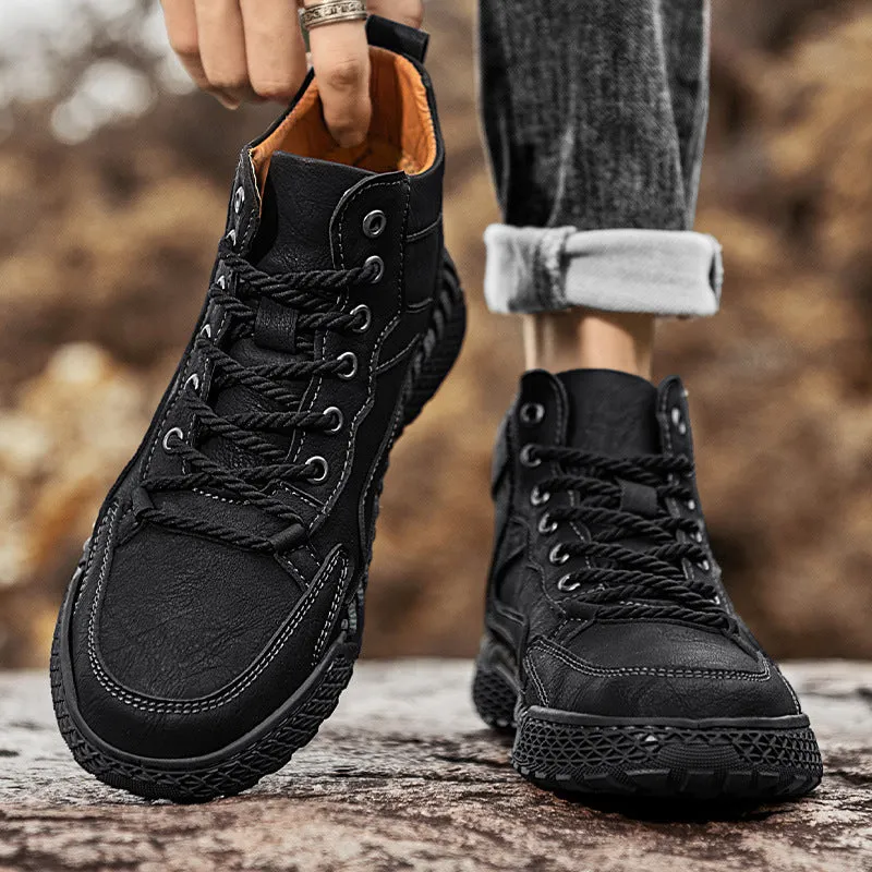 Winter plush insulated high top leather shoes for men in black with rubber sole