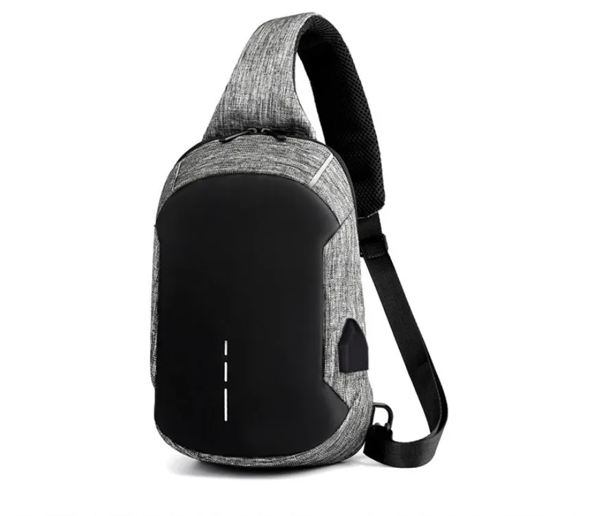 Small dark blue oxford cloth chest bag with a zipper and adjustable strap, showing internal phone pocket.