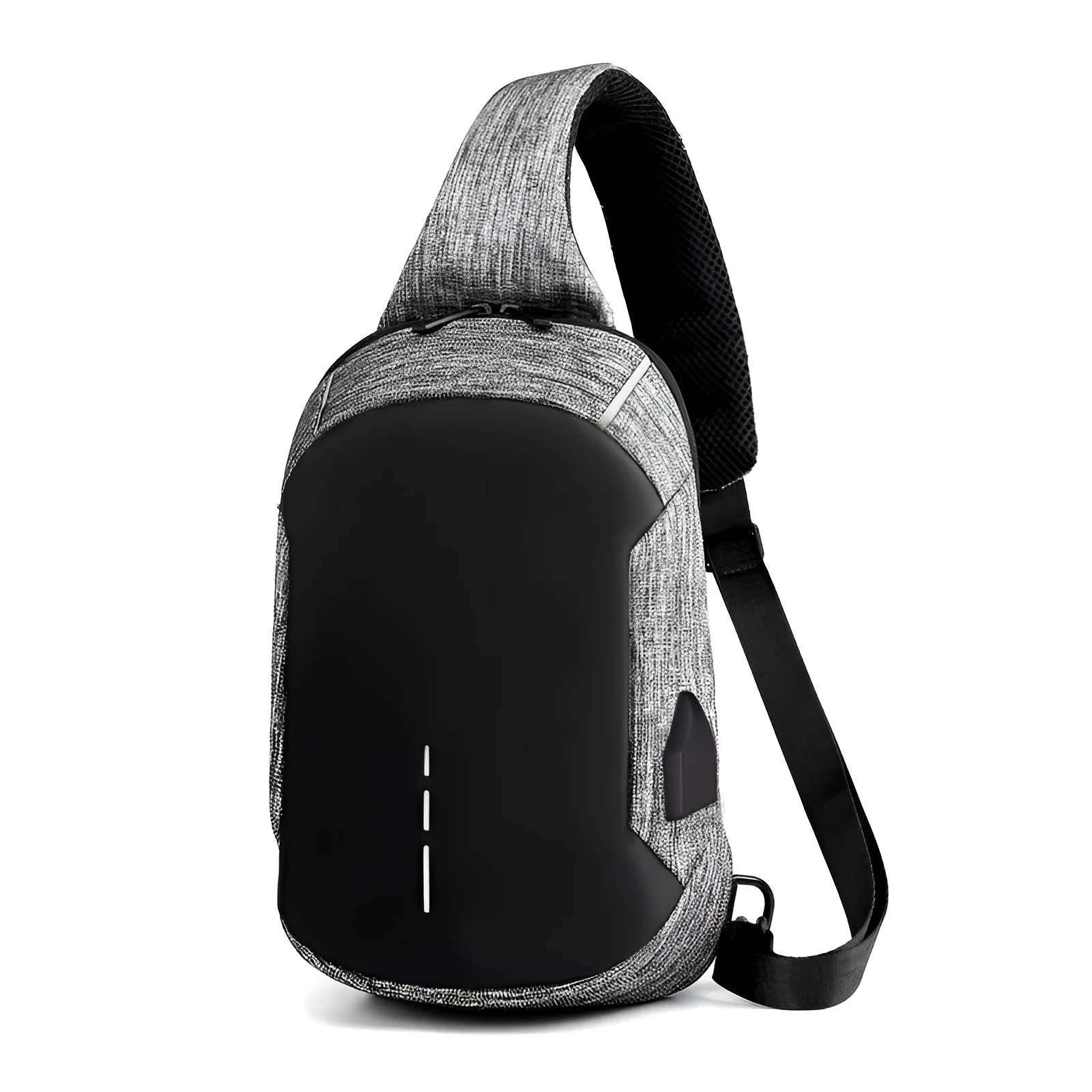Small dark blue oxford cloth chest bag with a zipper and adjustable strap, showing internal phone pocket.