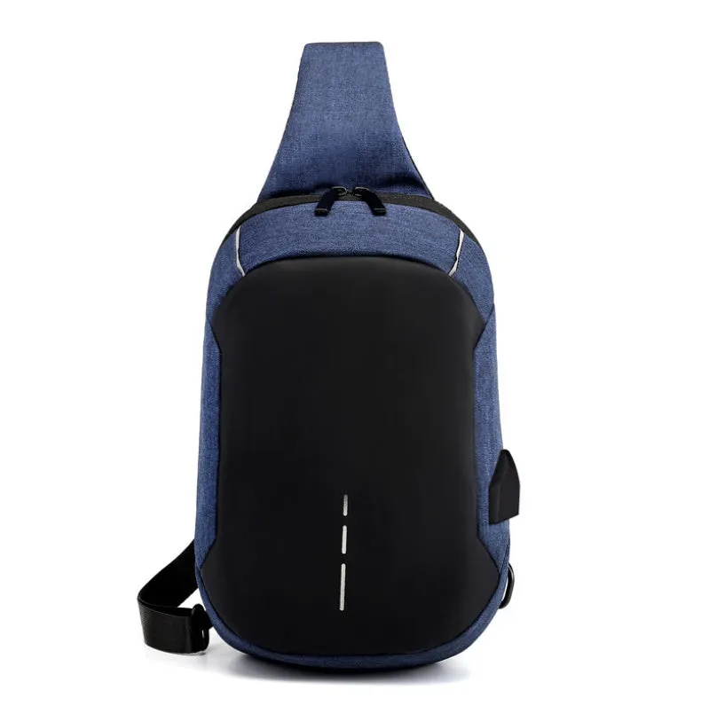 Small dark blue oxford cloth chest bag with a zipper and adjustable strap, showing internal phone pocket.