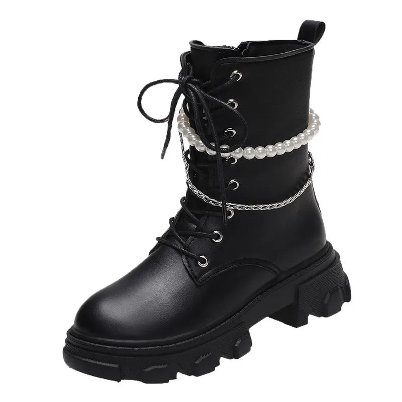 Women's black matte leather platform ankle boots with pearl chain detail and 6cm heel
