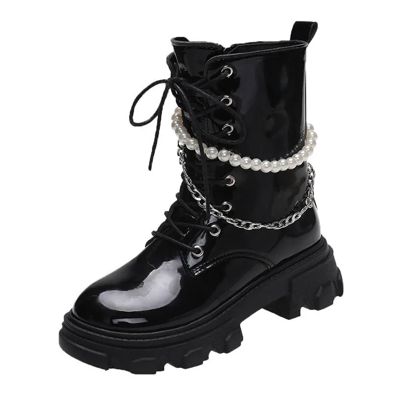Women's black matte leather platform ankle boots with pearl chain detail and 6cm heel