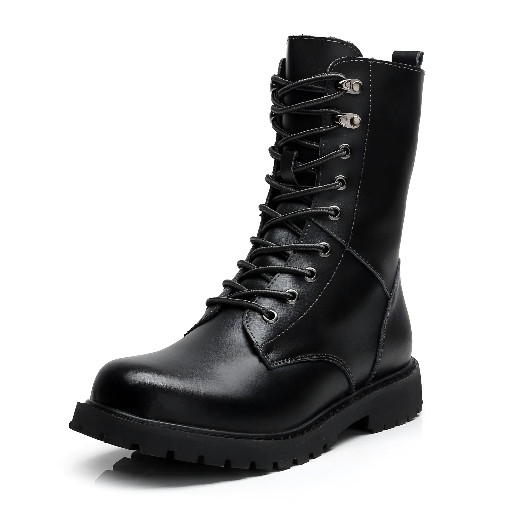 Men's leather military high top boots with fleece lining, black, side view showing front tie closure and square heel