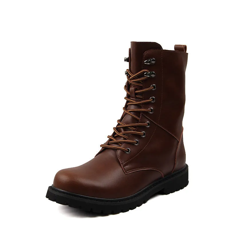 Men's leather military high top boots with fleece lining, black, side view showing front tie closure and square heel