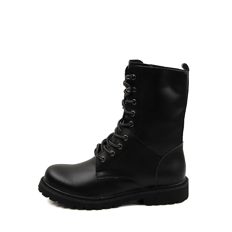 Men's leather military high top boots with fleece lining, black, side view showing front tie closure and square heel