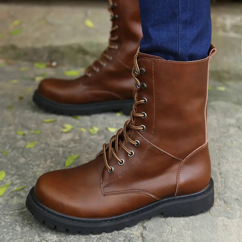 Men's leather military high top boots with fleece lining, black, side view showing front tie closure and square heel