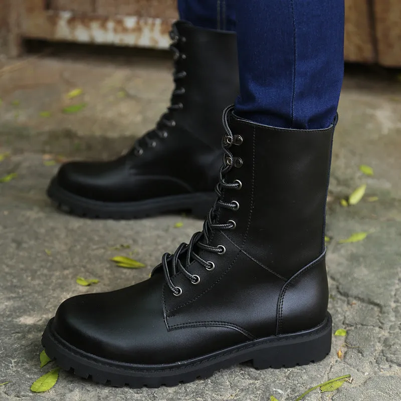 Men's leather military high top boots with fleece lining, black, side view showing front tie closure and square heel